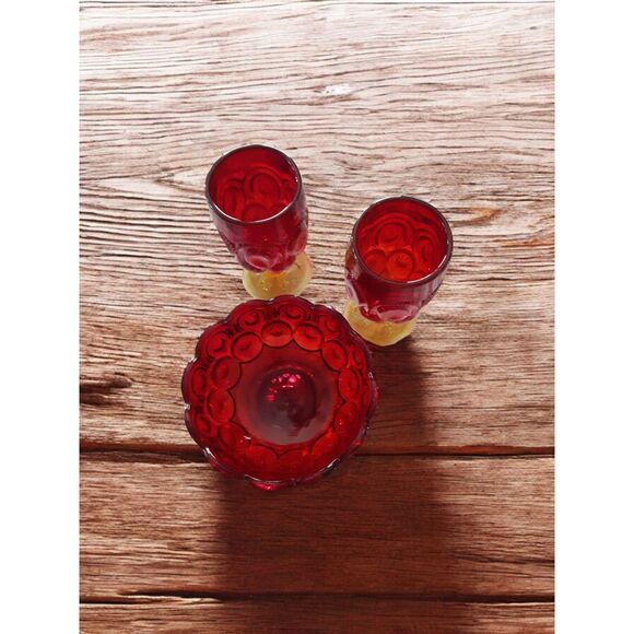 VTG LE Smith Moon And Star Amberina Two Glass Goblets And 6" Candy Dish - Picture 1 of 14